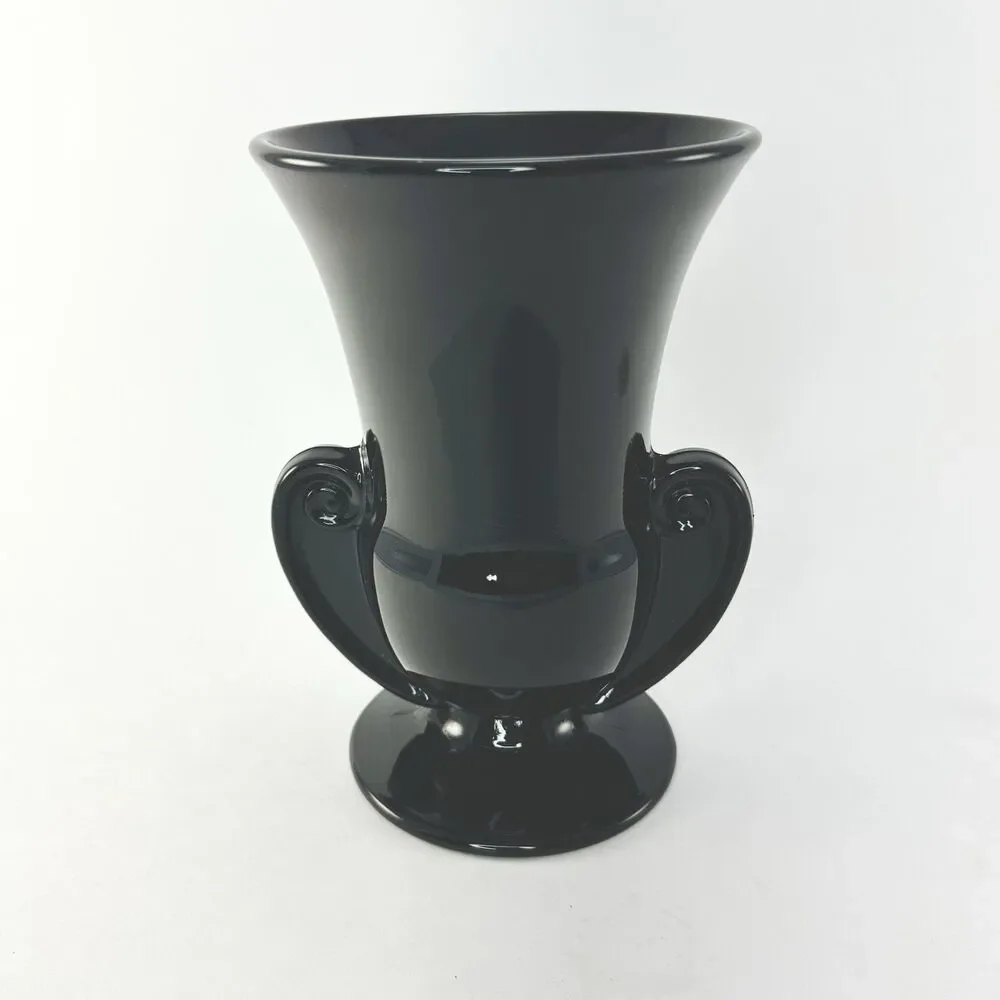 Fostoria Sakier Ebony Black Glass Urn Vase #2467 Scroll Handles 7” 1930s
